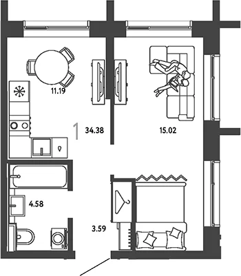 Планировка: 1-комнатная квартира 34,4 м² в ЖК «Страна.Парковая»