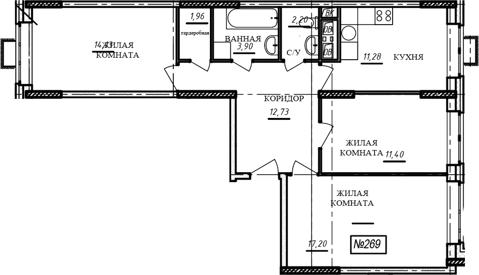 Планировка: 3-комнатная квартира 74,8 м² в ЖК «Краснофлотский»