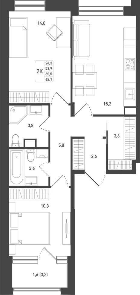 Планировка: 2-комнатная квартира 62,4 м² в ЖК «Новая Щербинка»