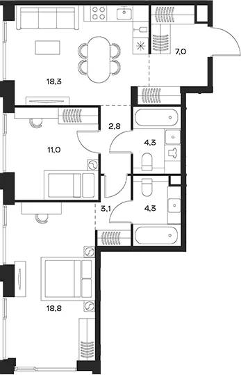 Планировка: Евротрёшка 69,6 м² в ЖК «СОУЛ»