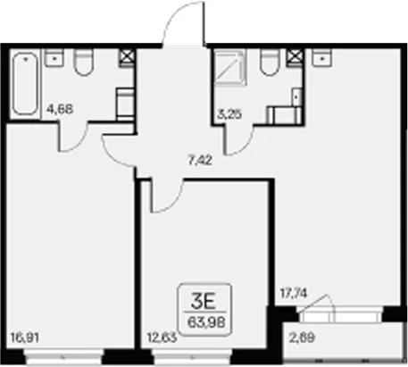 Планировка: Евротрёшка 62,5 м² в ЖК «Расцветай в Янино»