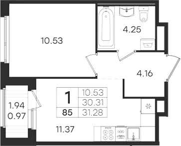 Планировка: 1-комнатная квартира 30,3 м² в ЖК «Романовка»