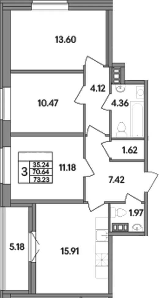 Планировка: Квартира евро-4 70,6 м² в ЖК «Рождественский квартал»