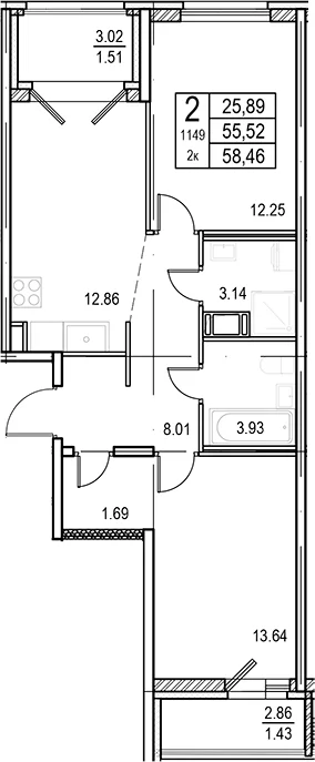 Планировка: 2-комнатная квартира 55,5 м² в ЖК «ID Murino III»