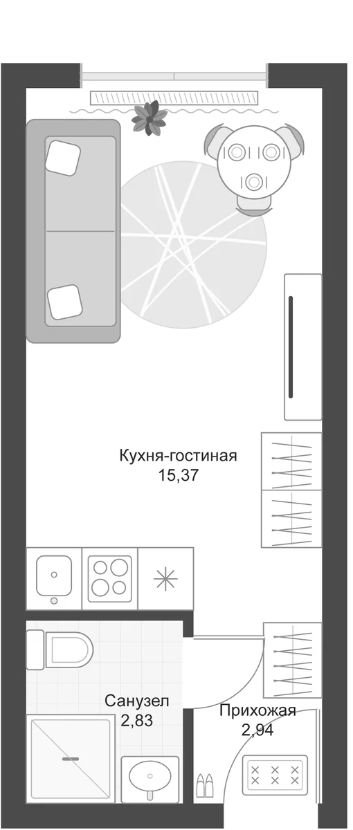 Планировка: Студия 21,1 м² в ЖК «Апарт-комплекс Первый Зеленый»