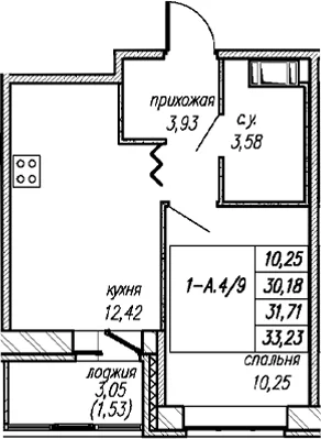 Планировка: 1-комнатная квартира 30,2 м² в ЖК «Уютный Новоселье»