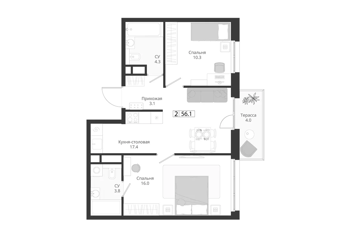 Планировка: Евротрёшка 54,9 м² в ЖК «ГРЭЙ»