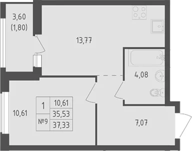 Планировка: 1-комнатная квартира 35,5 м² в ЖК «Южная Нева»