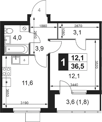 Планировка: 1-комнатная квартира 34,7 м² в ЖК «1-й Ясеневский»