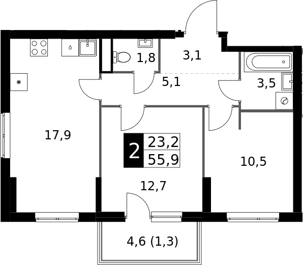 Планировка: 2-комнатная квартира 54,6 м² в ЖК «1-й Измайловский»