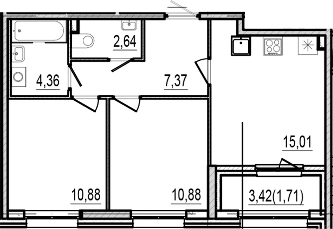 Планировка: 2-комнатная квартира 51,1 м² в ЖК «Оптимист»