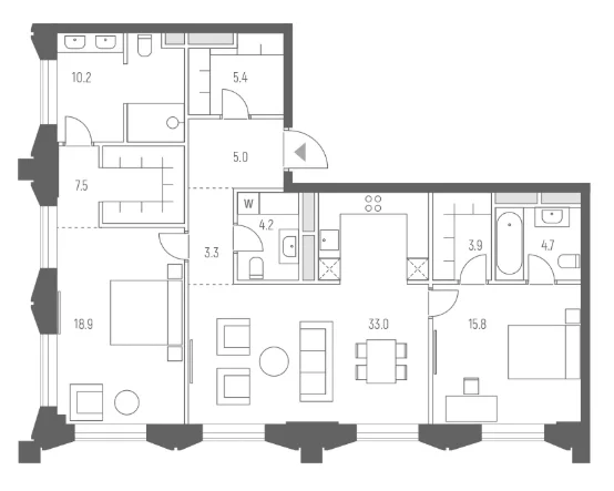 Планировка: Евротрёшка 111,9 м² в ЖК «Веспер Кутузовский»