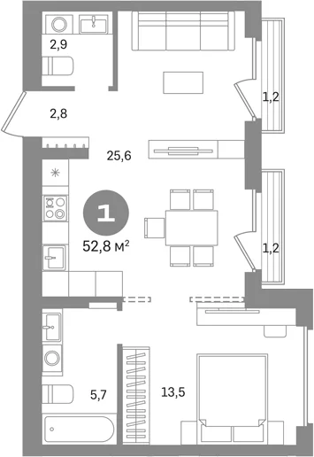 Планировка: 1-комнатная квартира 50,4 м² в ЖК «Первый квартал. Вторая очередь»
