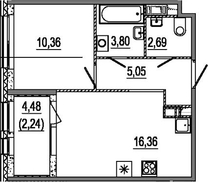 Планировка: Евродвушка 38,3 м² в ЖК «Знатный»