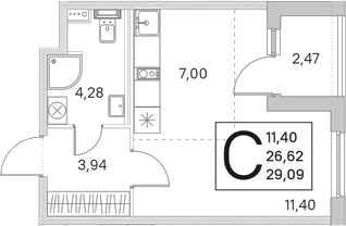 Планировка: Студия 26,6 м² в ЖК «Любоград в Стрельне»