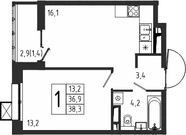 Планировка: 1-комнатная квартира 36,9 м² в ЖК «Берег»