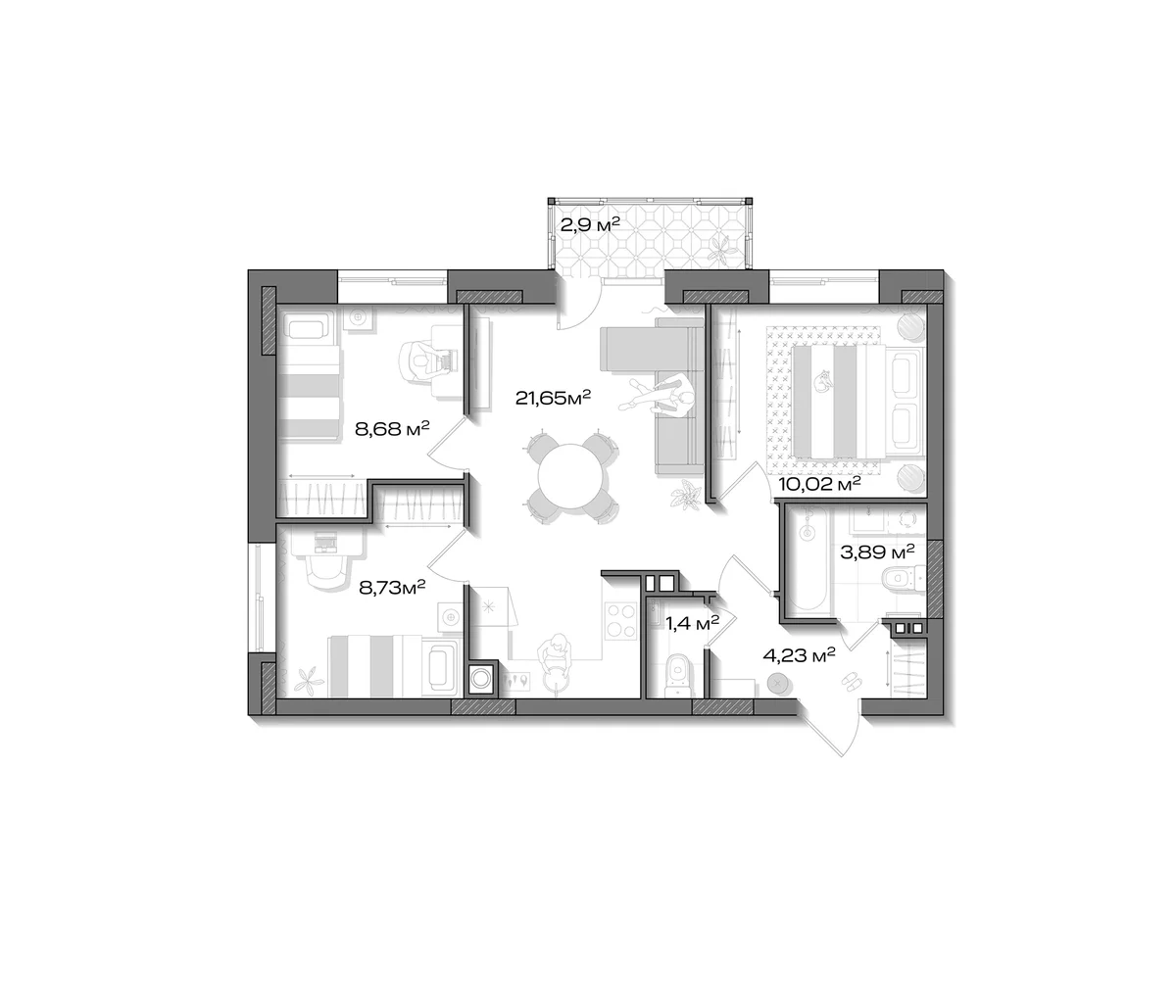 Планировка: 3-комнатная квартира 58,6 м² в ЖК «Аксиома.Возрождение»