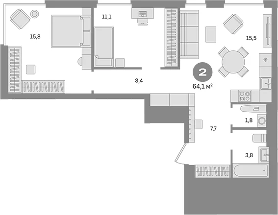 Планировка: 2-комнатная квартира 64,1 м² в ЖК «Квартал Герцена»