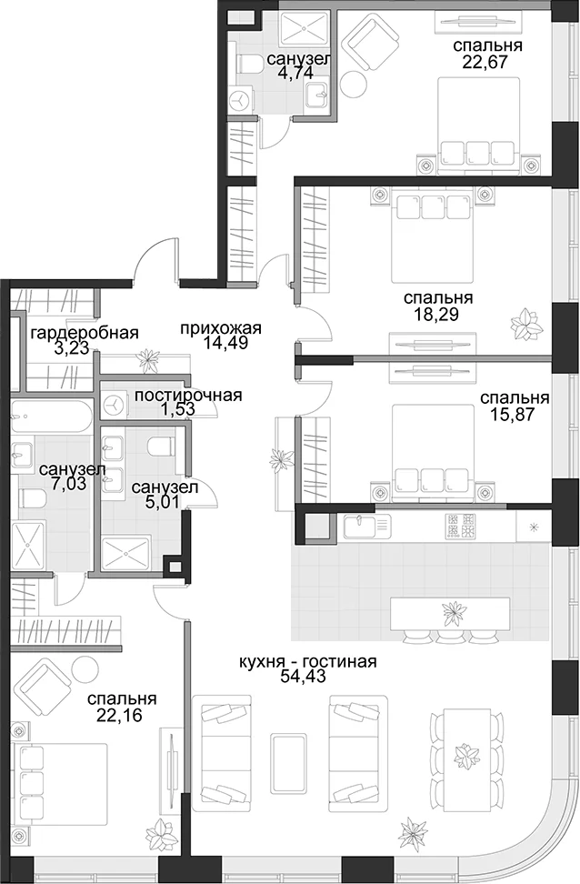 Планировка: Квартира евро-5 169,5 м² в ЖК «Садовническая, 69»