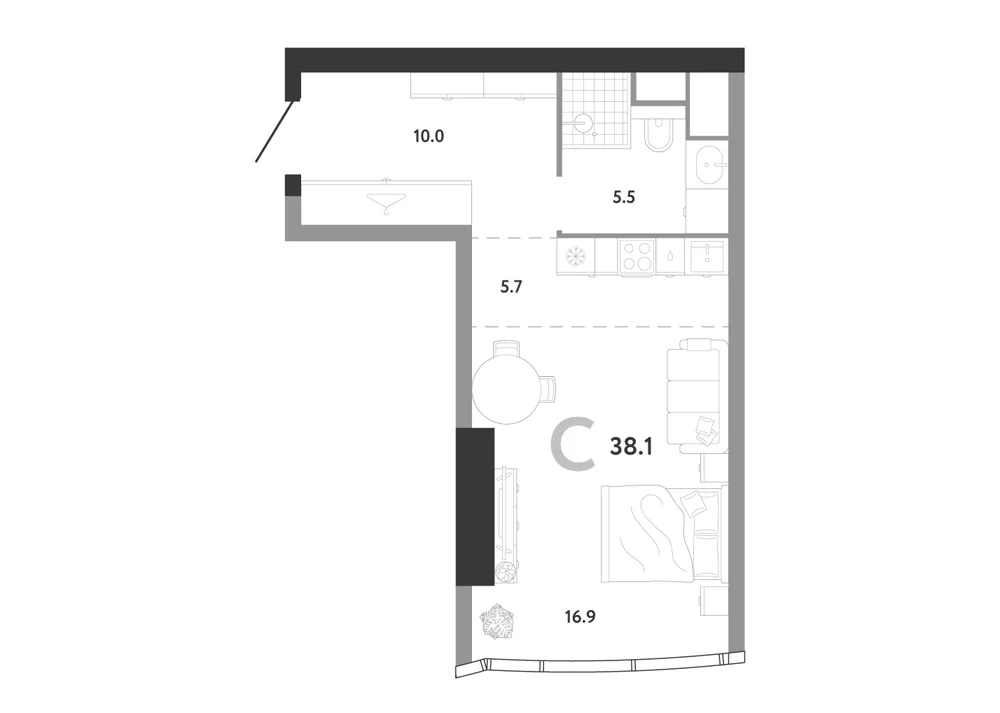 Планировка: Студия 38,1 м² в ЖК «АУРУС Резиденции»