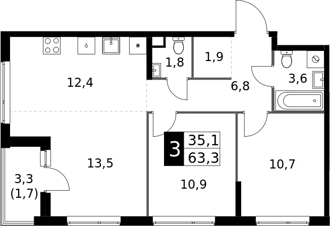 Планировка: Евротрёшка 61,6 м² в ЖК «1-й Измайловский»