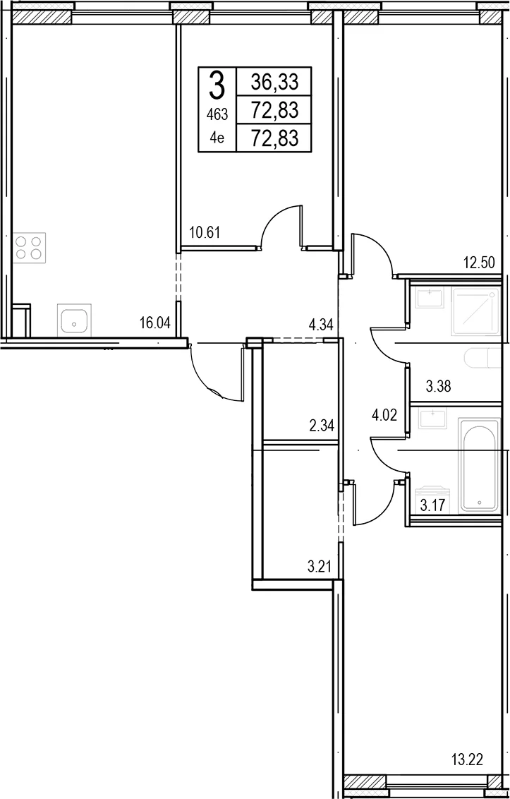Планировка: Квартира евро-4 72,8 м² в ЖК «ID Murino III»