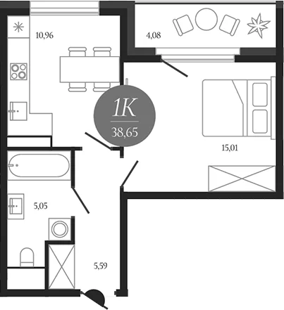 Планировка: 1-комнатная квартира 36,6 м² в ЖК «Сердце Лыткарино»