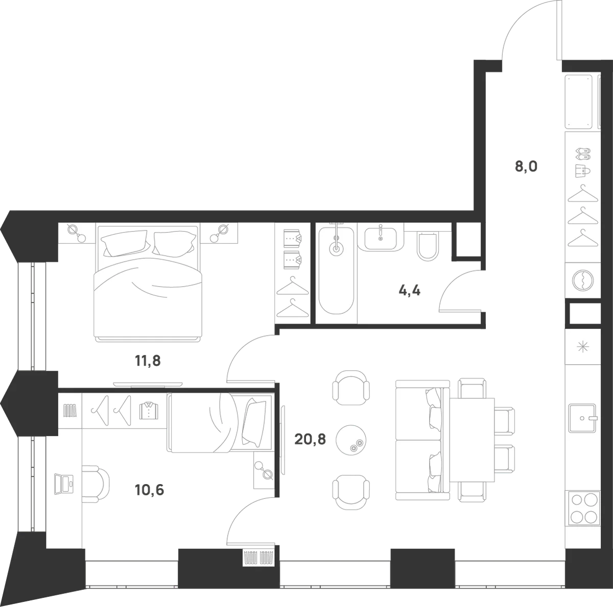 Планировка: 2-комнатная квартира 55,6 м² в ЖК «ВОЙС»
