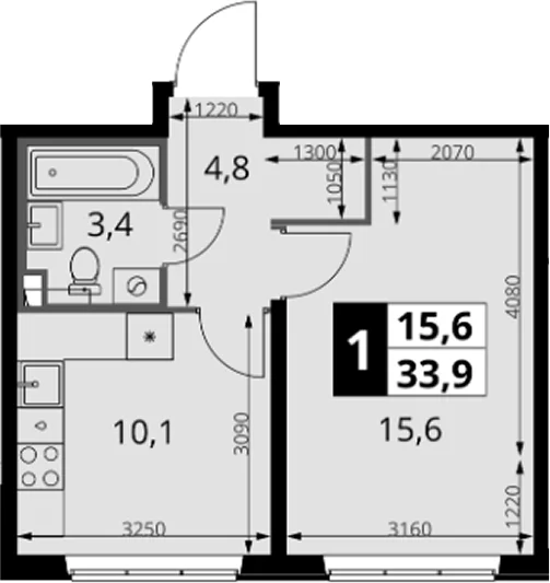 Планировка: 1-комнатная квартира 33,9 м² в ЖК «1-й Южный»