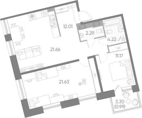 Планировка: Евротрёшка 73 м² в ЖК «Бульвар Грина»