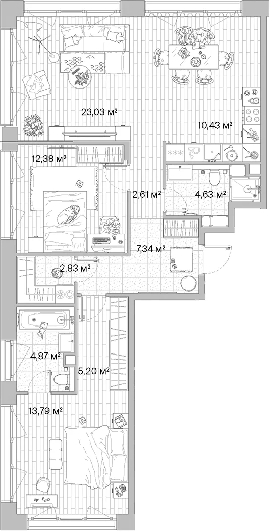Планировка: Евротрёшка 87,1 м² в ЖК «МЫС»