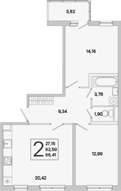 Планировка: Евротрёшка 62,6 м² в ЖК «ЮгТаун. Олимпийские кварталы»