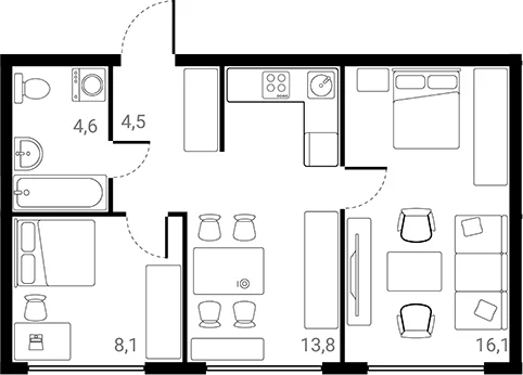 Планировка: 2-комнатная квартира 47,1 м² в ЖК «Лесная Коллекция»
