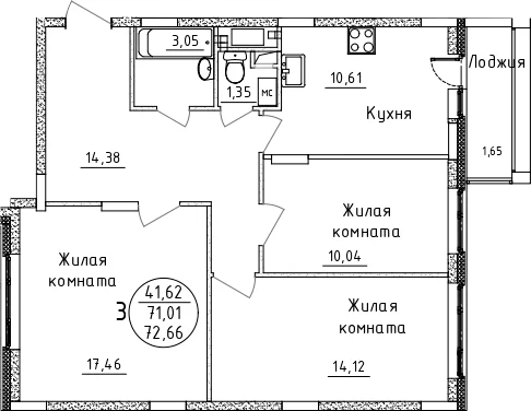 Планировка: 3-комнатная квартира 71 м² в ЖК «Дом Союзов»
