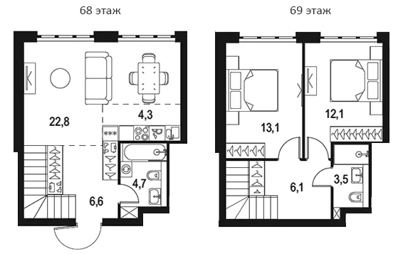Планировка: Евротрёшка 73,2 м² в ЖК «Левел Южнопортовая»