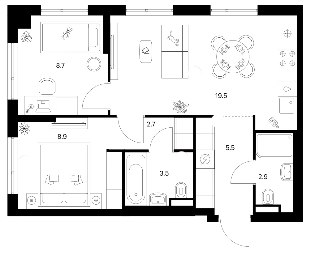 Планировка: 2-комнатная квартира 51,7 м² в ЖК «Зеленый парк»