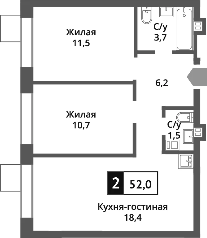Планировка: Евротрёшка 52 м² в ЖК «Никольский квартал Отрада»