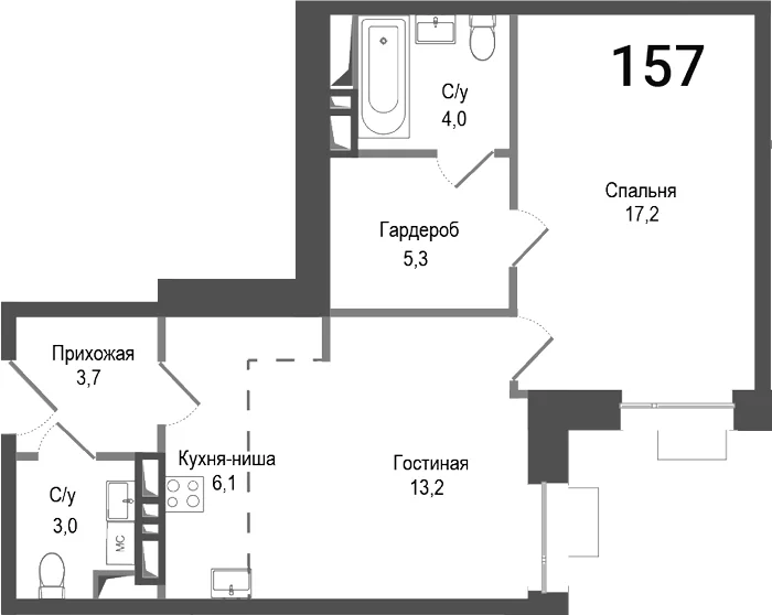 Планировка: Евродвушка 52,5 м² в ЖК «Киноквартал»
