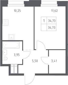 Планировка: 1-комнатная квартира 34,7 м² в ЖК «Тропарево Парк»