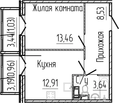 Планировка: 1-комнатная квартира 38,5 м² в ЖК «Сертолово Парк»