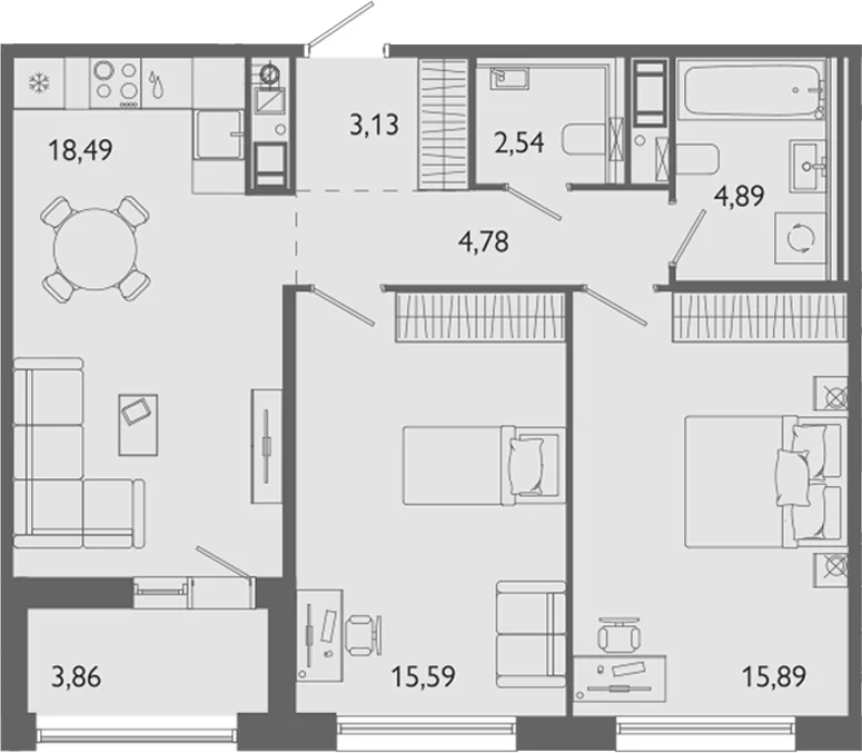 Планировка: Евротрёшка 65,3 м² в ЖК «Лиггат»
