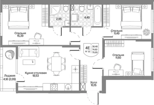 Планировка: Квартира евро-4 74,6 м² в ЖК «Охтинские высоты»