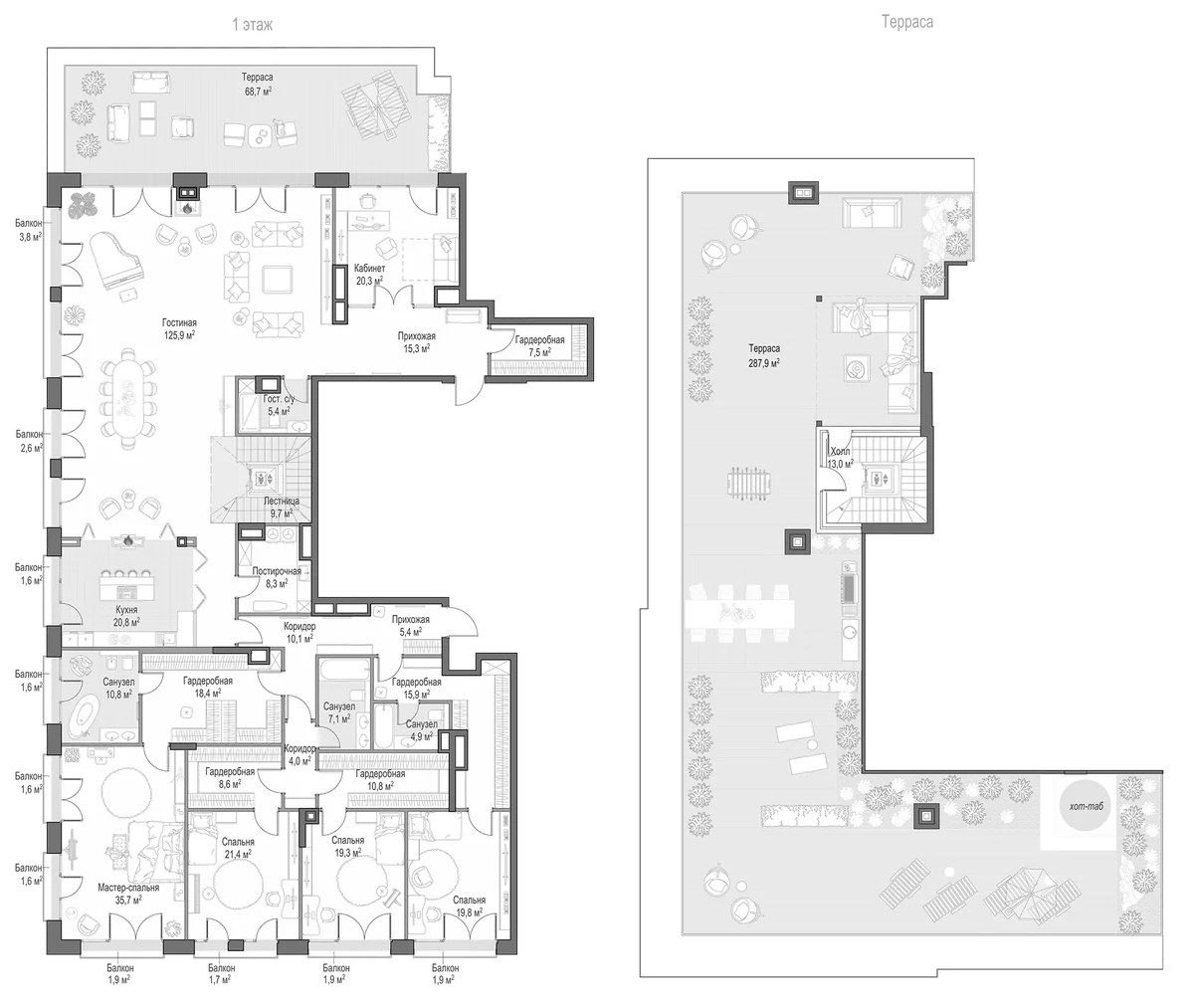 Планировка: 5-комнатная квартира 433 м² в ЖК «Клубный дом Обыденский №1»