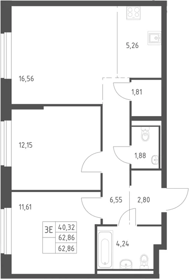Планировка: Евротрёшка 62,9 м² в ЖК «Горки Парк»