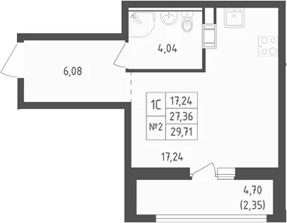 Планировка: Студия 27,4 м² в ЖК «Южная Нева»