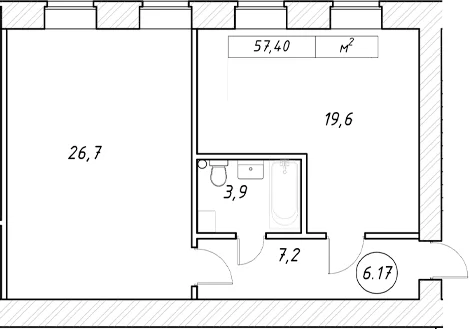 Планировка: Евродвушка 57,4 м² в ЖК «пр-кт Обуховской Обороны, 42 к2»