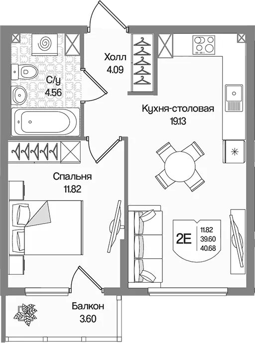 Планировка: Евродвушка 39,6 м² в ЖК «Охтинские высоты»
