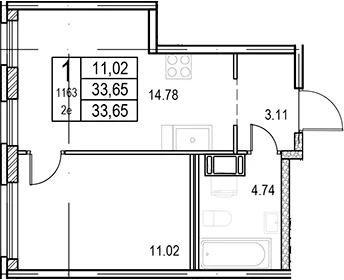 Планировка: Евродвушка 33,7 м² в ЖК «ID Murino III»