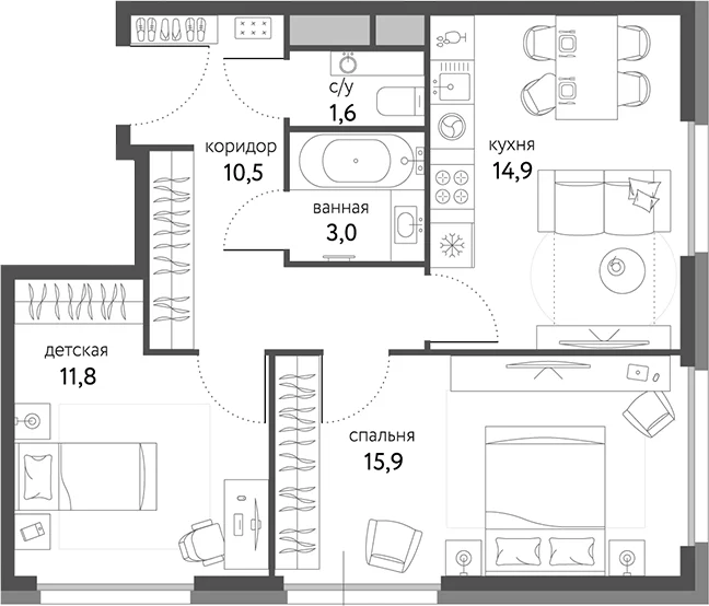 Планировка: 2-комнатная квартира 57,7 м² в ЖК «Сиреневый парк»