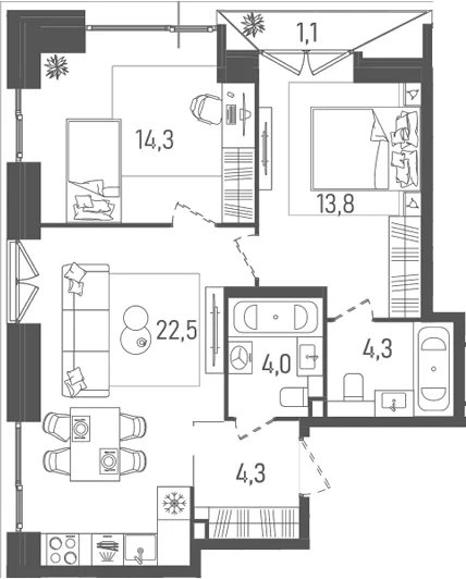 Планировка: Евротрёшка 63,2 м² в ЖК «ТАТУМ»